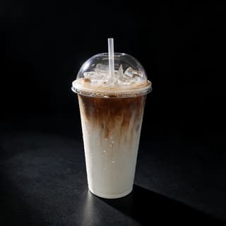 Tall clear cup of iced latte with layered espresso and milk over ice beaded with condensation