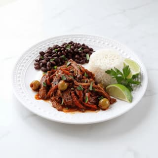 Ropa vieja shredded beef tomato sofrito peppers rice plate — ropa vieja hero photography
