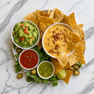 Chips queso guacamole salsa tex-mex starter overhead dallas marble — queso hero photography
