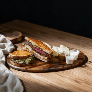 Tall stack of hand carved hot pastrami between two slices of seeded rye bread with steam rising on dark oak