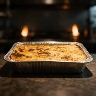 Full steam table tray of baked ziti with a browned bubbling cheese crust and one corner portion already served out
