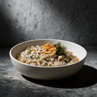 Stainless case pan filled with creamy elbow macaroni salad flecked with celery and carrot with a freshly scooped surface