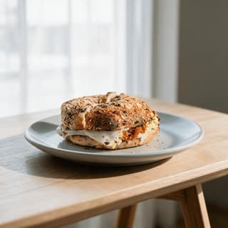 Bacon egg and cheese breakfast sandwich on a toasted everything bagel with melted cheese in soft morning window light