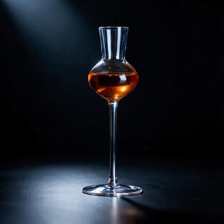 Single tulip-shaped tasting glass of amber aged spirit lit from behind against a dark background