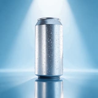 Single chilled unprinted aluminium can of a ready-to-drink cocktail beaded with condensation on a bright surface
