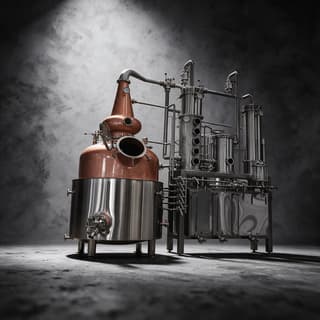 Single polished copper pot still with a swan neck standing in a bare concrete still house