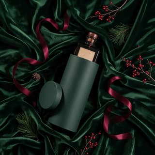 Dark green cylindrical gift tube lying open on deep green velvet with an unlabelled spirits bottle emerging and its lid alongside