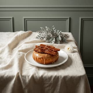 Maple bacon donut crispy candied bacon top maple glaze — gourmet specialty donut hero photography
