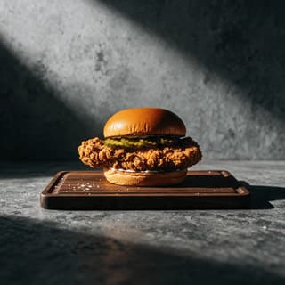 Crispy fried chicken sandwich with a craggy golden fillet and pickles on a grey concrete surface