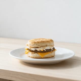 Breakfast sausage egg and cheese biscuit sandwich on a pale wood board in warm morning light