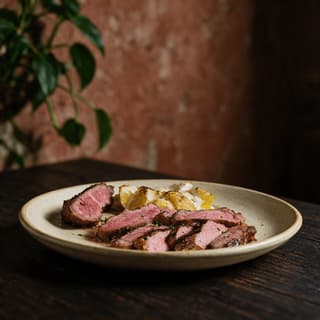 Carved slices of roast beef fanned across a pale ceramic plate with potato gratin and pan jus on a dark wooden table