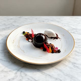 Dark chocolate delice with a mirror glaze beside a cream quenelle, chocolate soil, red tuile shards and edible flowers on a gold-rimmed plate over marble
