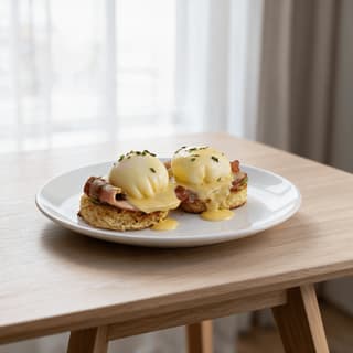 Two poached eggs on toasted muffin halves with cured ham and hollandaise, chives on top, on a white plate in soft morning light