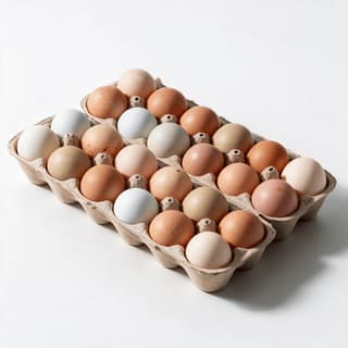 Single open carton of pasture raised eggs with mixed brown blue and speckled shells