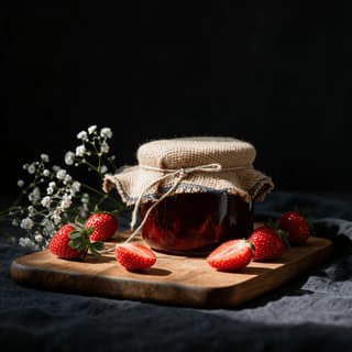 Single open glass jar of dark red strawberry preserve with fruit pieces visible through the glass