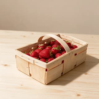 Single green cardboard u pick basket brimming with ripe strawberries on a weathered stand table
