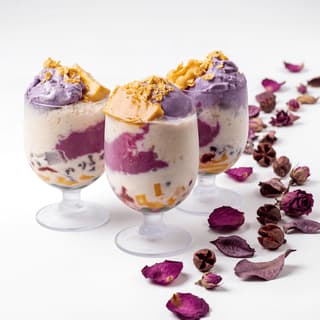 Halo-halo filipino shaved ice ube flan sweet beans jackfruit condensed milk tall glass layers — halo-halo hero photography
