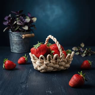 Gariguette heirloom strawberries mounded in linen-lined willow basket — French farmers market berry photography