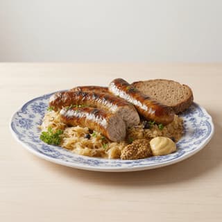 Bratwurst grilled german sausages sauerkraut mustard plate char casing snap — bratwurst hero photography