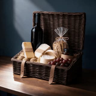 Giỏ quà kết hợp rượu vang và phô mai với nắp mây mở hé, để lộ một chai rượu vang đỏ không nhãn, những miếng phô mai gói giấy, bánh quy giòn và nho