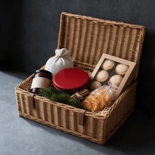 Giỏ quà Giáng sinh với nắp mây mở hé cùng bánh pudding gói vải, bánh nướng nhân trái cây khô, một hộp thiếc đỏ trơn và quế chất cao quá miệng giỏ trên nền bê tông tối màu