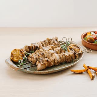 Souvlaki skewers chicken pork char grilled lemon pita oregano plate — souvlaki hero photography