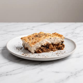 Moussaka cross section bechamel eggplant lamb potato layers slice plate — moussaka hero photography