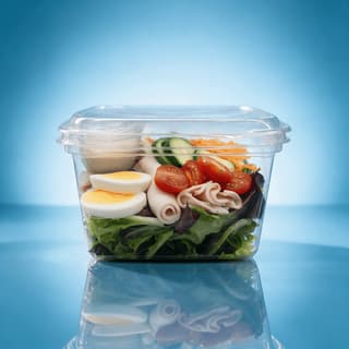 One grab-and-go chef salad sealed in a clear plastic container with turkey, egg, tomato and mixed greens