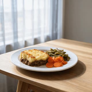 Single soft-texture cottage pie portion with smooth mashed potato topping and soft-cooked carrots on a white plate