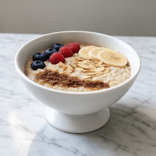 Single breakfast bowl of oatmeal topped with berries, banana slices and brown sugar on a pale surface
