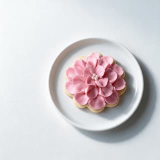 One royal-iced sugar cookie with crisp piped detail and pastel flood icing on a clean white surface