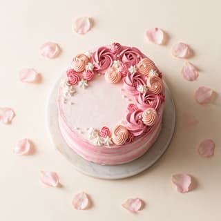 Single-tier buttercream celebration cake with swirled sides and soft pastel finish on a simple pale stand