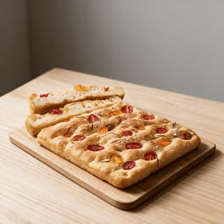 Dimpled rosemary focaccia slab topped with herbs and flaky salt on a light wood board