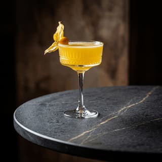 Passion fruit rum punch with orchid garnish in frosted glass — resort pool bar cocktail photography