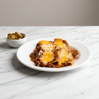 Tex-Mex-ost-enchiladas med chili-sovs, smeltet ost, ris og refried beans på tallerken, Houston — enchiladas-hero-fotografering