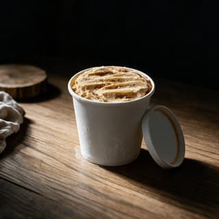 Hộp kem caramel muối mang về đã mở nắp với dải sốt uốn lượn và vảy muối, nắp đặt bên cạnh trên quầy gỗ ấm màu