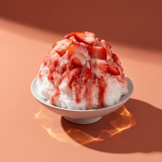 Strawberry kakigori Japanese shaved ice with condensed milk red syrup — hero summer dessert photography
