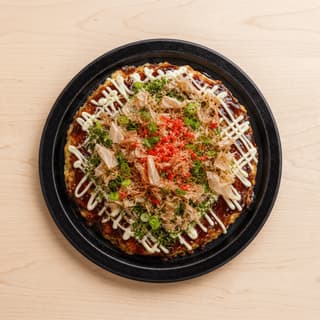 Okonomiyaki Osaka savory pancake bonito flakes mayo okonomi sauce scallion overhead — okonomiyaki hero photography