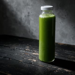 One tall clear bottle of vivid green cold pressed juice standing alone on dark weathered wood