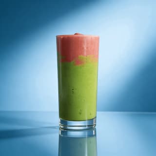 Tall glass of a layered smoothie with distinct pink and green bands on glossy blue