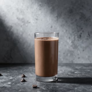 Tall clear glass of chocolate protein shake dusted with cocoa on mottled grey concrete