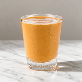 Small glass of vivid orange ginger and turmeric wellness shot on softly veined white marble