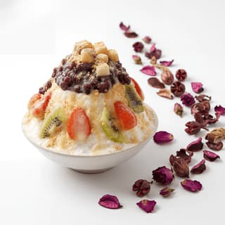 Patbingsu shaved ice red bean condensed milk fruit rice cake tall bowl Korean dessert — bingsu hero photography