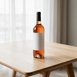 Sealed bottle of hazy orange natural wine standing upright on a pale counter in soft window daylight