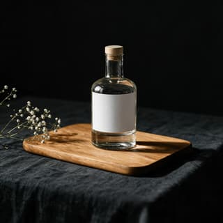 Sealed artisanal mezcal bottle in clear glass standing on a warm terracotta counter in low afternoon light