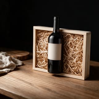 Open wooden gift box holding one sealed bottle nested in shredded paper on a dark timber counter