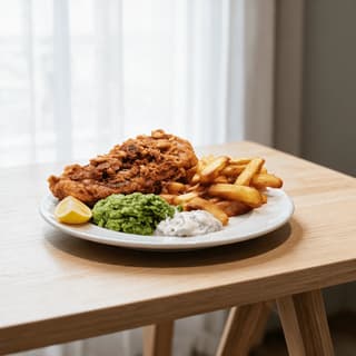 London fish and chips craggy blistered golden batter cod thick cut chip shop chips mushy peas tartare lemon — fish and chips hero photography