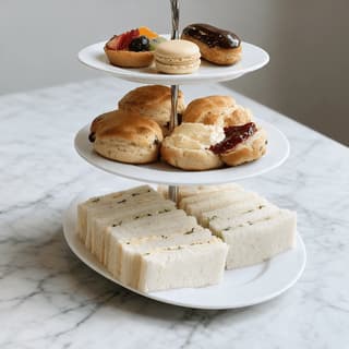 London afternoon tea tiered stand scones clotted cream jam finger sandwiches pastries marble — afternoon tea hero photography