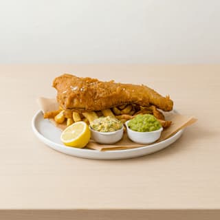 Fish and Chips, goldener panierter Kabeljau, dicke Chips, Mushy Peas, Tartare, Zitrone, Chippy Manchester – Fish-and-Chips-Hero-Fotografie