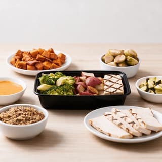 Grilled chicken with broccoli and roasted red skin potatoes portioned into an open black meal prep container, surrounded by white bowls of sweet potato, quinoa and sauce